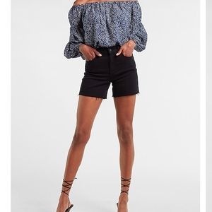 Express off shoulder balloon top. Blue polka dot